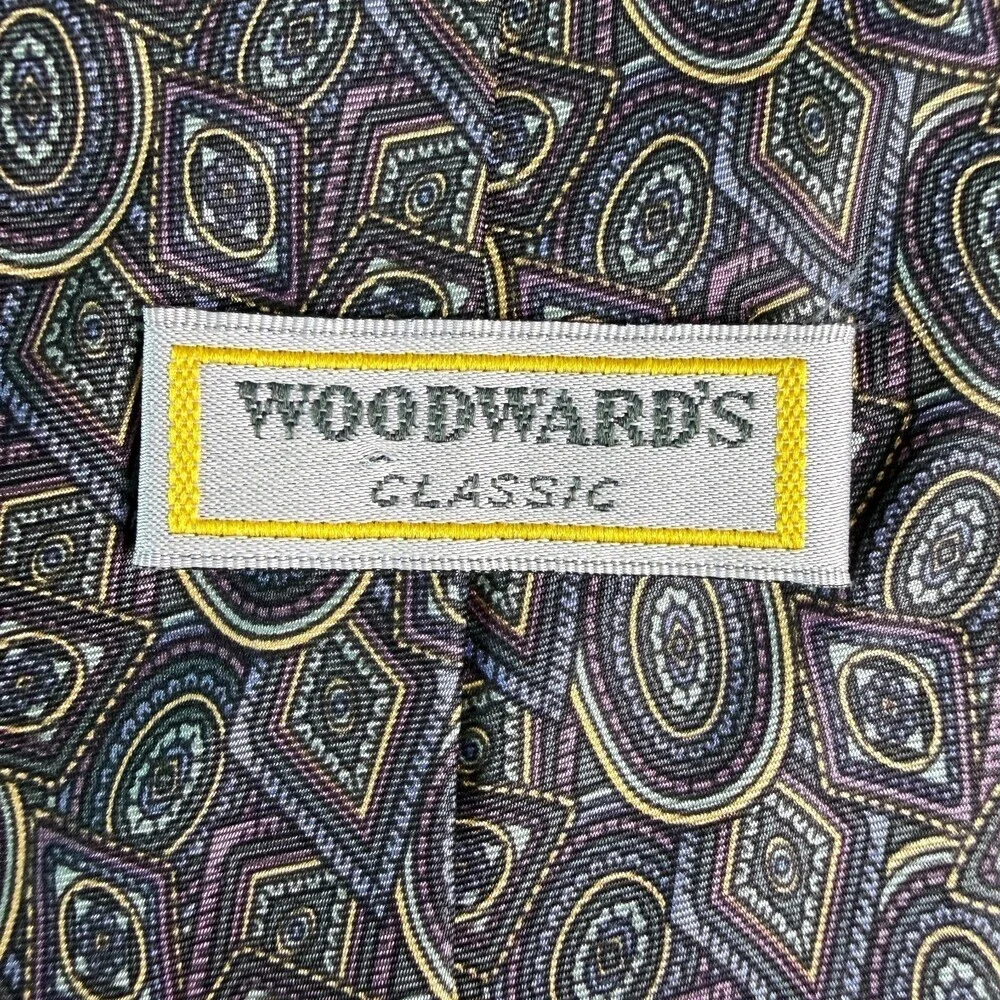 VTG Woodward’s Classic 100%Silk Tie Abstract Geometric Oval Diamond Green Purple